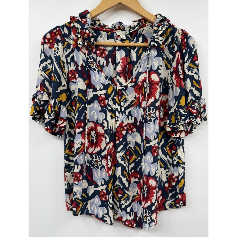 Odille Anthropologie Floral Ruffle Tie Neck Top Boho Beachy Festival Patriotic